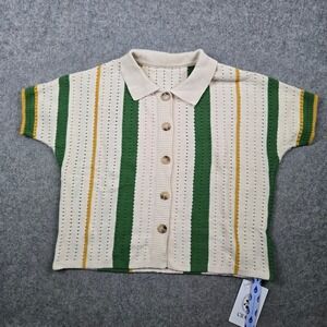 Cider Knit Polo Shirt Women XL Cream Green Striped Pointelle Button Up Beach NEW